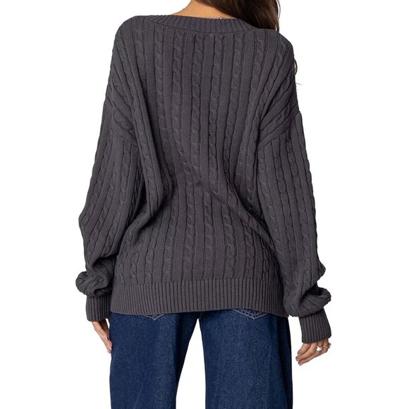 Edikted Francine Oversized V Neck Cardigan Dark Gray - Picture 2 of 3